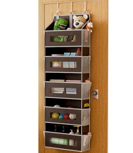 5 Tier Over The Door Organizer - Large Capacity Behind Door Hanging Shelves with 10 Mesh Pockets and Clear Windows, Closet Organizers and Storage for Bathroom, Bedroom, Nursery, Brown - color: Brown, size: 1 PACK