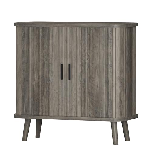 Sideboard Buffet Cabinet with Sliding Door, 31.5" Wide Fluted Modern Accent Storage Cabinet with Adjustable Shelves, Wood Coffee Bar Buffet Console Table for Kitchen, Dining Room, Living Room, Grey - color: Grey
