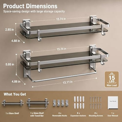 VOLPONE Glass Bathroom Shelf 15.7 in Bathroom Wall Shelf with Towel Holder Tempered Glass Shelf Wall Mount with 2 Removable Hooks Silver（1 Tier） - style: 1 tier with towel bar-silver