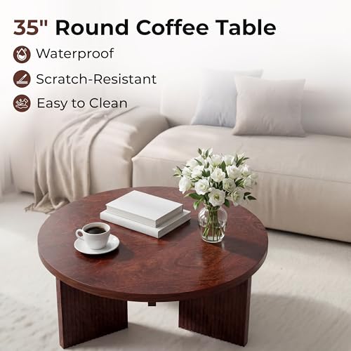 35" Wooden Round Coffee Table, Burgundy | Smooth Thick Coffee Table, Low Circle Center Table with X Shaped Stable Legs, Accent Tea Table for Living Room, Office - color: Burgundy, style: Coffee Table