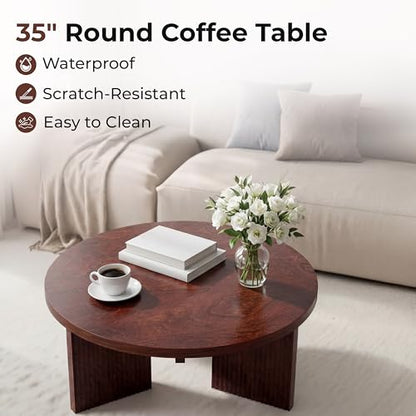 35" Wooden Round Coffee Table, Burgundy | Smooth Thick Coffee Table, Low Circle Center Table with X Shaped Stable Legs, Accent Tea Table for Living Room, Office - color: Burgundy, style: Coffee Table