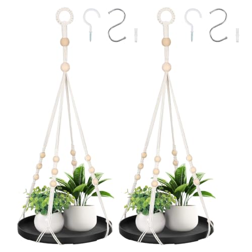 GREANER 2PCS Macrame Plant Hanger, Black Hanging Macrame Plant Holder with Handmade Cotton, Plant Window Hanger for Indoor and Outdoor Use - color: Black