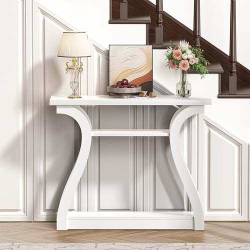 47" Narrow Console Table for Entryway, Wood Sofa Tables with 3-Tier Shelves | Curved Legs Farmhouse Hallway Table, Skinny Console Table Behind Couch, Rustic Wooden Entry Table for Living Room (White) - color: White