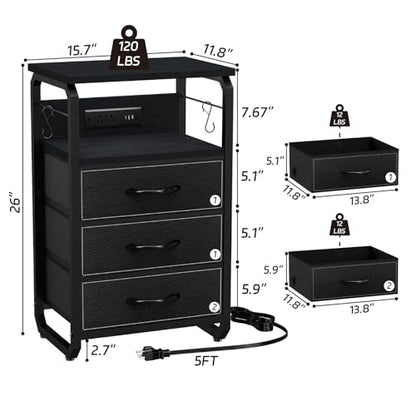 runjuly Bedside Table with 3 Fabric Drawers, LED Nightstand with Hooks, Metal Night Stand, Small End Table with Charging Station and Storage, Night Table for Bedroom, Modern Black - color: Black, style: 3 Drawers