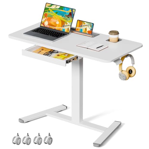 Mobile Standing Desk with Drawer, 40" Small Standing Desk with Cup Holder, Rolling Laptop Workstaion on Wheels, Height Adjustable Table with Storage for Home Office, White - color: White, size: 40"