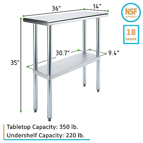 Commercial Stainless Steel Work Prep Table with Undershelf | 14" x 36" NSF Certified | Compact Food Prep for Kitchen, Restaurant, or Utility