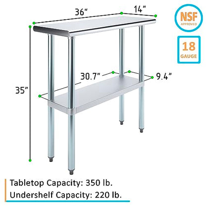 Commercial Stainless Steel Work Prep Table with Undershelf | 14" x 36" NSF Certified | Compact Food Prep for Kitchen, Restaurant, or Utility