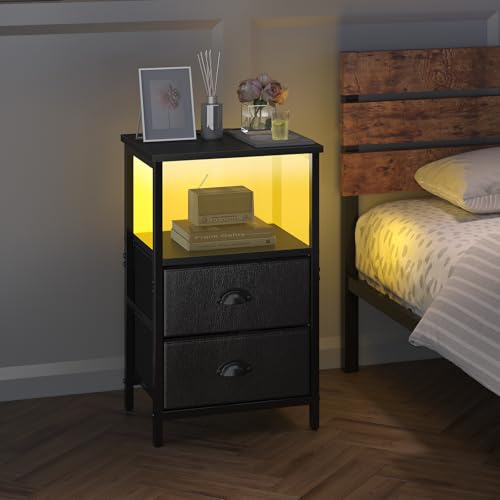 sthmec Nightstand with Charging Station, LED Night Stand Set 2, Bedside Table End Table Set of 2, Bedroom Table with 2 Fabric Drawers PU Finish, 3-Tier Storage Side Table for Bedroom,Black - color: Black