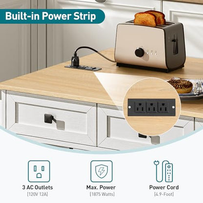 RALGEND Kitchen Island with Drop Leaf & Power Outlet, Rolling Kitchen Island Cart On Wheels, Barn Door Kitchen Island Table with Storage and Tower Rack, Island Table for Kitchen, White and Natural - color: White + Natural