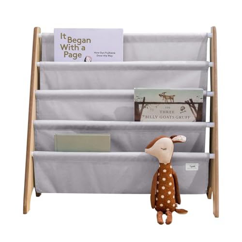 3 Sprouts Recycled Kids Bookshelf, Holds 35 Books, 4-Tier, Gray | Space-saving bookshelf, Children's room, Toddler bookcase organizer, Ages 3+, Book/toy storage, Front-facing, Covers visible - color: Solid Light Gray