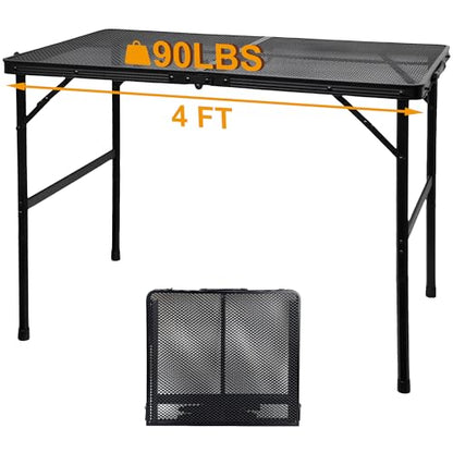 GREGIN Camping Table with Mesh Desktop, Lightweight & Portable Folding Grill Table, Height Adjustable Metal Outdoor Table for Camp, Cooking, BBQ, RV, Picnic-4 FT Black - size: L: 47.24"L x 23.62"W x 16.5"H/26"H