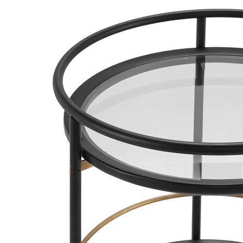 GDFStudio Modern Round Bar Cart with Dual Tempered Glass Shelves, Lockable Wheels and Gold Metal Accents, Rolling Beverage Serving Cart for Living Room, Kitchen or Dining Space,Black and Gold Finish - color: Black,gold