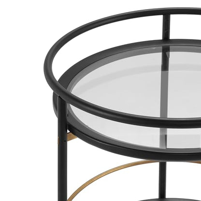 GDFStudio Modern Round Bar Cart with Dual Tempered Glass Shelves, Lockable Wheels and Gold Metal Accents, Rolling Beverage Serving Cart for Living Room, Kitchen or Dining Space,Black and Gold Finish - color: Black,gold