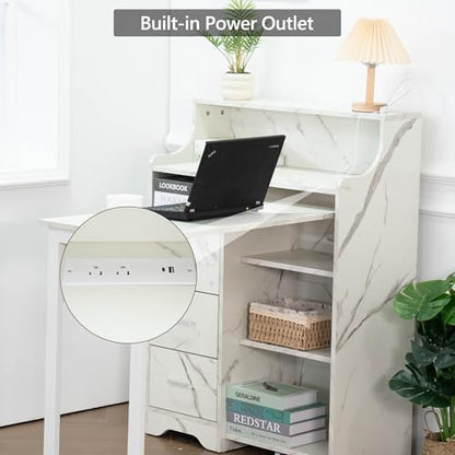 Fold Out Desk with Storage, Hidden Desk with Lockable Drawers & Shelves, Built-in Power Outlet,Folding Desk for Study and Home Office (Marble-Effect White) - color: Marble-effect White