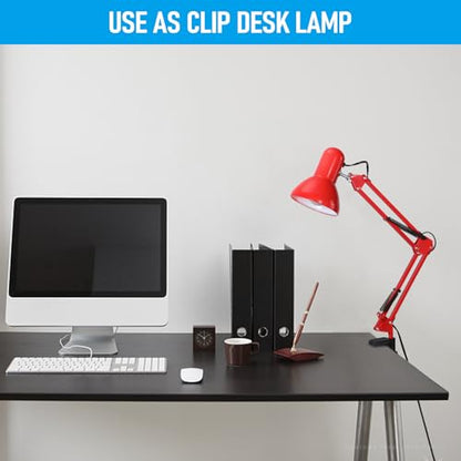 TORCHSTAR Metal Desk Lamp, Adjustable Swing Arm, E26, Red | Architect Gooseneck Multi-Joint Clip Table Lamp with Plastic Clamp, for Home Office, Work, Study, Reading, Bulbs not Included - color: Red