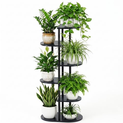 Tiered Plant Stand Indoor, Tall 6 Tier 7 Potted Wooden Plant Shelf for Multiple Flower Plants, Multi Corner Metal Plant Holder Indoor for Patio Garden Patent Design Living Room Balcony Bedroom, Black - color: Black, size: 6 Tier 7 Potted