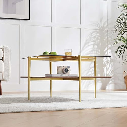 LumFurn Square Coffee Table, Mid-Century Modern Design, L30 x W30 x H17 Inch, for Living Room, 2-Tier Structure, Amber Glass Top and Walnut Wood Shelf, Sleek Conical Metal Legs with Gold Finish - color: Amber & Walnut, size: L30" Square Coffee Table