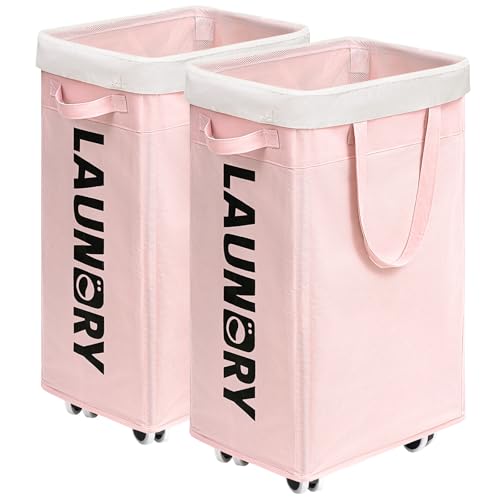 CHICVITA 75L Laundry Hamper with Wheels 2-Pack, Wash Bags, Pink | Collapsible rolling baskets with carry handles for corner dorm rooms. Removable wash bags, easy clean - color: Pink, size: 2-Pack 75L (15.7"L x 11.8"W x 24.8"H)