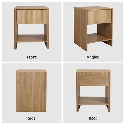 Mid Century Modern Night Stand with Drawer, Boho Nightstand for Bedroom, Small End Table with Storage, Living Room/Bed Side Table with Drawer for Small Spaces, Fluted Cabinet Wood Nightstand - color: Natural