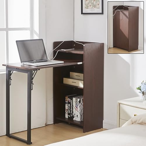 Fold Out Desk with Storage and Built-in Outlet, Mid Century Foldable Desk for Small Spaces, Hidden Folding Table for Home Office or Bedroom (Brown) - color: Brown