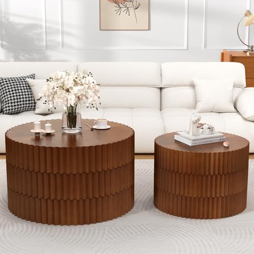 Round Nesting Coffee Table Set of 2 Modern Fluted Coffee Table Walnut Round End Table Small Side Table Circular Coffee Tables Circle Nested Coffee Tables for Living Room (Brown Large) - color: Brown Large