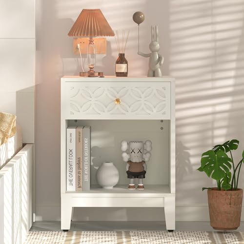 White Nightstand with Drawer and Open Shelf, 17.7 W | Modern Bed Side Table for Bedroom, Small End Table for Small Spaces, Living Room, Easy Assembly