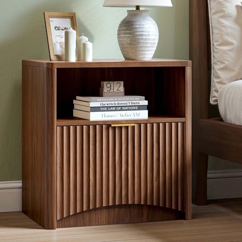 Evermagin Fluted Nightstand, Walnut Bedside Table with Drawer and Storage, Wood End Table Mid Century Modern, Large Night Stand for Bedroom - color: Walnut, size: 1 Drawer (Without Charging Station)