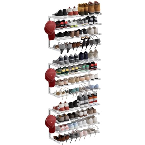 3 Pack Wall Mounted Shoe Rack, 4 Tier Hanging Shoe Rack Holds 48 Pairs, 17"-30" Adjustable Heavy Duty Wall Shoe Shelf with 6 Storage Hooks, Space Saving for Closet Entryway, White - color: White, size: 3 Pack