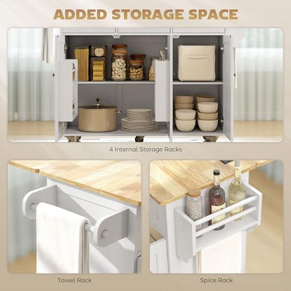 HOMCOM Kitchen Island with Drop Leaf and Power Outlet, Rolling Cart with Storage Cabinets, Solid Wood Island Table on Wheels for Kitchen with 3 Drawers, Towel Bars, Spice Rack, White - color: White