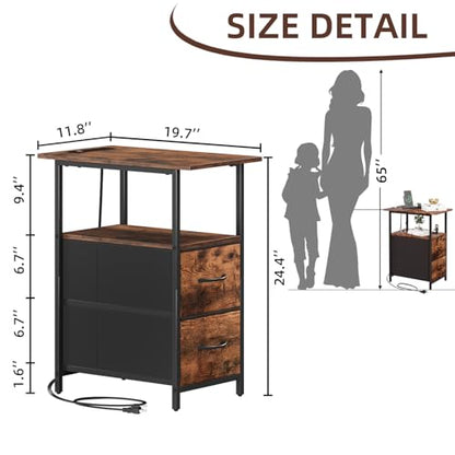 Somdot End Table with Charging Station, Narrow Side Table with 2 Fabric Drawers, Skinny Nightstand with Storage, Small Slim Bedside Table for Living Room, Sofa, Bedroom, Couch, Wood Grain Print - color: Wood Grain Print