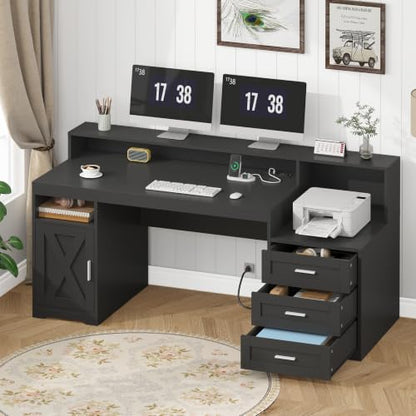 65" Farmhouse Computer Desk with Drawers and Printer Stand for Home Office | Office Desk with Power Outlets and Storage Cabinet, Study Writing Desks with Long Monitor Stand, Black - color: Black