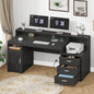 65" Farmhouse Computer Desk with Drawers and Printer Stand for Home Office | Office Desk with Power Outlets and Storage Cabinet, Study Writing Desks with Long Monitor Stand, Black - color: Black