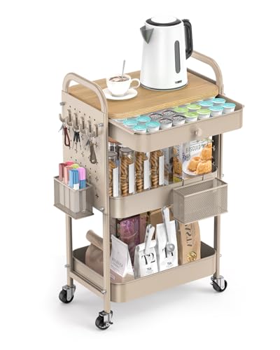 ALVOROG Rolling Cart with Drawer and Wood Table Top, 3 Tier Metal Rolling Utility Cart on Wheels with DIY Pegboards, Hanging Baskets, Hooks for Kitchen, Bedroom, Office, Craft Supplies