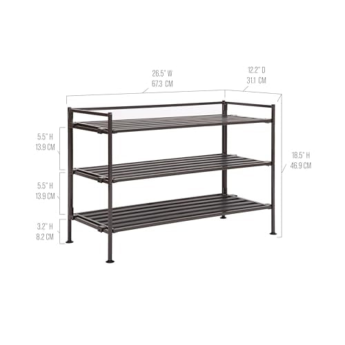 3-Tier Stackable 1" Slat Steel Frame Shoe Rack, 27.25"W x 12.75"D, Espresso | Interlocking modular design maximizes storage while the sturdy steel frame holds up to 12 pairs of shoes (Patented Design) - color: Espresso Slat, size: 3-Tier (NEW MODEL)