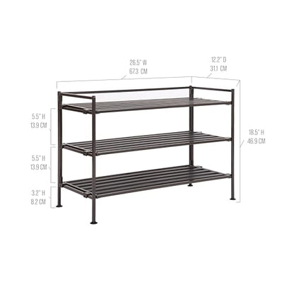 3-Tier Stackable 1" Slat Steel Frame Shoe Rack, 27.25"W x 12.75"D, Espresso | Interlocking modular design maximizes storage while the sturdy steel frame holds up to 12 pairs of shoes (Patented Design) - color: Espresso Slat, size: 3-Tier (NEW MODEL)