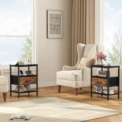 DUMOS Nightstands Set of 2 with Charging Station, Bedside Table with 1 USB-A, 1 USB-C & 2 AC Outlets, Fabric Drawer with Adjustable Open Shelf, Compact End Table for Bedroom, Black & Brown - color: Black and Brown, size: 15.7"Dx11.8"Wx23.4"H(1 Drawer, 2 P