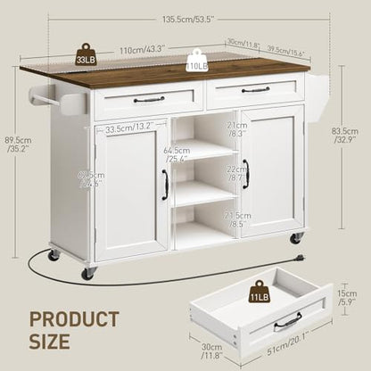 RALGEND Kitchen Island with Storage, Kitchen Rolling Island on Wheels with Power Outlet & Drop Leaf, Kitchen Island Cart with Drawer and Spice Rack, Mobile Island Table for Kitchen,White and Walnut