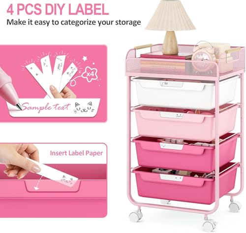 SYKIARIOL 4-Drawer Rolling Storage Cart with Mesh Top, Utility Craft Organizer Cart on Wheels with DIY Labels, Rolling Drawer Cart for Home Office Classroom Bedroom, Rose Pink - color: Pink