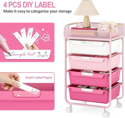 SYKIARIOL 4-Drawer Rolling Storage Cart with Mesh Top, Utility Craft Organizer Cart on Wheels with DIY Labels, Rolling Drawer Cart for Home Office Classroom Bedroom, Rose Pink - color: Pink