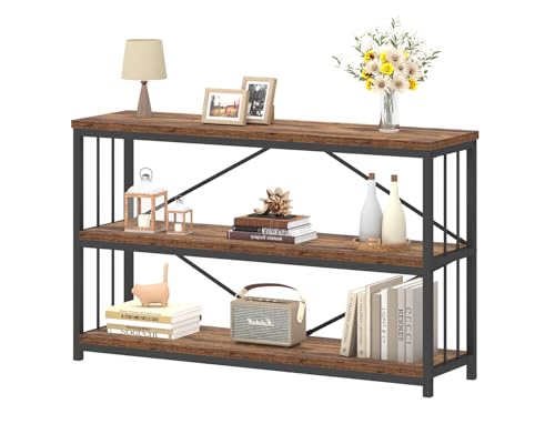 IBF Low 3 Tier Bookshelf, Rustic Horizontal Bookcase Rustic Brown 47 Inch | Farmhouse Bookshelves Wide Open Wood Metal Modern Etagere with Storage, Vintage Book Shelf for Office Bedroom Living Room - color: Rustic Brown Oak, size: 47 Inch