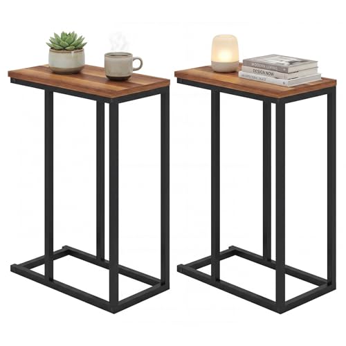 Giantex C-Shaped End Table, Set of 2 Small Sofa Couch Side Table that Slide Under with Metal Frame & Spacious Tabletop, Bedside Laptop TV Tray for Living Room Bedroom Small Spaces (Walnut) - color: Walnut
