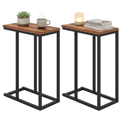 Giantex C-Shaped End Table, Set of 2 Small Sofa Couch Side Table that Slide Under with Metal Frame & Spacious Tabletop, Bedside Laptop TV Tray for Living Room Bedroom Small Spaces (Walnut) - color: Walnut