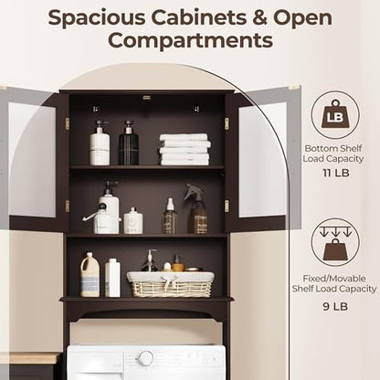 Yaheetech Over The Toilet Storage Cabinet, Free Standing Toilet Rack with Adjustable Shelves and Tempered Glass Doors for Bathroom Washroom, Espresso - color: Espresso