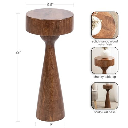 Kate and Laurel Solbrett Transitional Sophisticated Drink Table; 10 x 10 x 22; Walnut Brown; Mid-Century Sculptural Bedroom Nightstand with Unique Pedestal Table Design for Use as Indoor Plant Stand - color: Walnut Brown