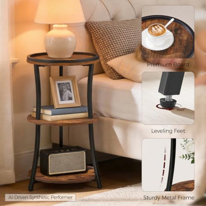 MAHANCRIS Small Round Side Table, 3-Tier Nightstand for Small Spaces | End Table with Raised Edge, Storage Shelf, Sofa Table for Corner, Living Room, Bedroom, Easy Assembly, Rustic Brown