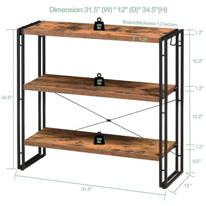 HCHQHS Bookshelf, 3-Tier Industrial Bookcase, Rustic Open Book Shelf, Freestanding Horizontal Bookshelves with Metal Frame - color: Rustic Brown, size: 3-Tier (31.5"W x 33.5"H)