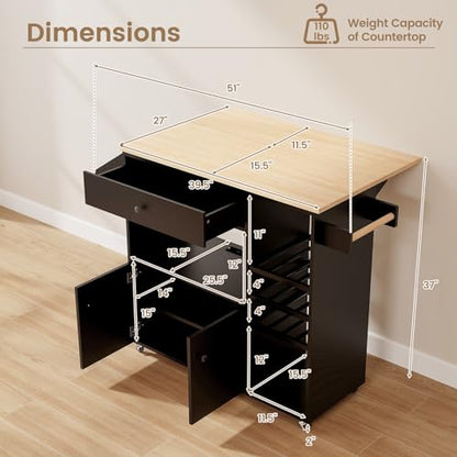 Giantex Rolling Kitchen Island Cart with Drop Leaf, Power Outlet, Spice Rack, 12 Wine Rack, Glass Holder, Drawer, Storage Cabinet, Towel Rack, Island Table for Breakfast Coffee Bar (Black & Natural) - color: Black & Natural