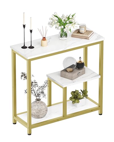 CHOEZON Modern Console Sofa Table 3-Tier Hallway Table Open Storage, Marble Veined Table Top, Metal Frame, for Entryway, Foyer, Marble White and Gold TXG03DJ