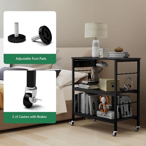 Bakers Rack with Power Outlet Black Coffee Station Cart Table on Wheels Microwave Stand Table with Storage Shelf for Kitchen Living Room Bedroom - color: Black
