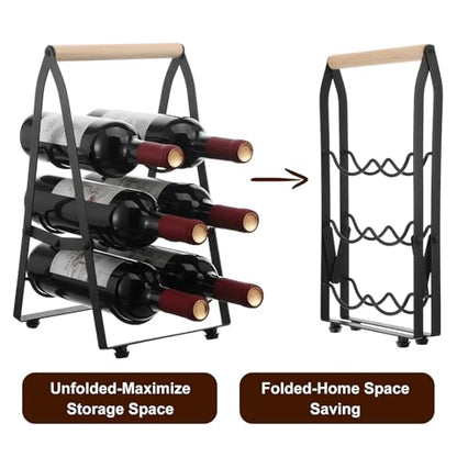6 Bottle Wine Rack Countertop Black Metal Freestanding Wine Bottle Holder Stand Organizer for Kitchen, Cabinet, Pantry Storage, No Assembly Required